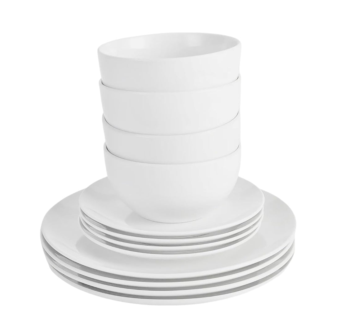 simpa 12PC Dinnerware Porcelain White Set: 4 Dinner Plates, 4 Side Plates & 4 Bowls. Dishwasher & Microwave Safe.