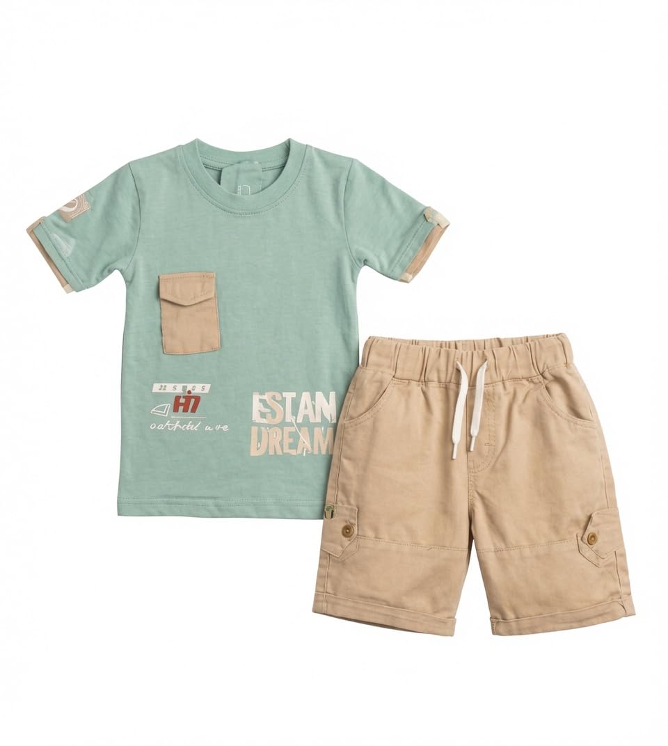 Boys Summer Set 2 Pieces – Cotton T-Shirt + Parachute Short – Size 3-Mint Green