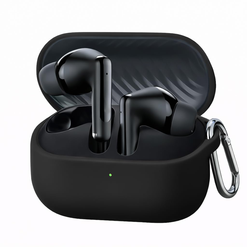 Dl3 Mobilak Compatible with Oraimo SpaceBuds Neo+ OTW‑323P True Case Cover, Soft Silicone Shockproof Protective Case Wireless Earbuds with Carabiner, Front LED Visible (Black)