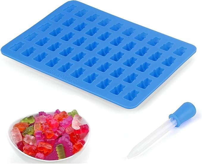 Gummy Bear Silicone Ice Cube Tray, 50 Cavity Candy Mould with Dropper, Blue
