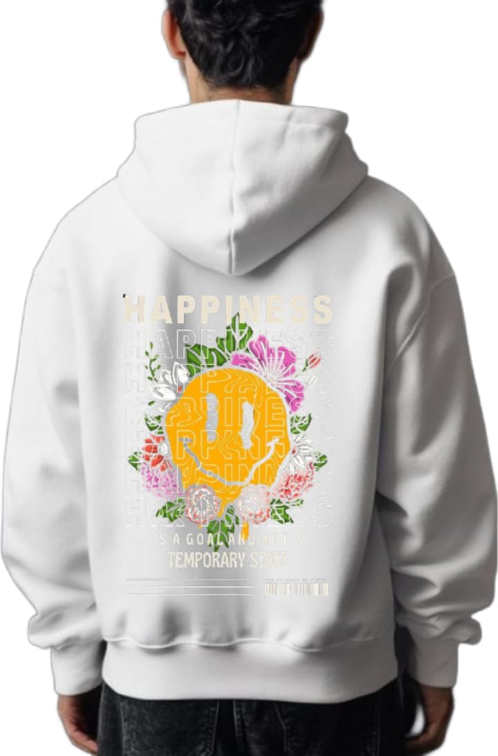 oversize Youth hoodie white back art over size TEXT job work 65 happiness