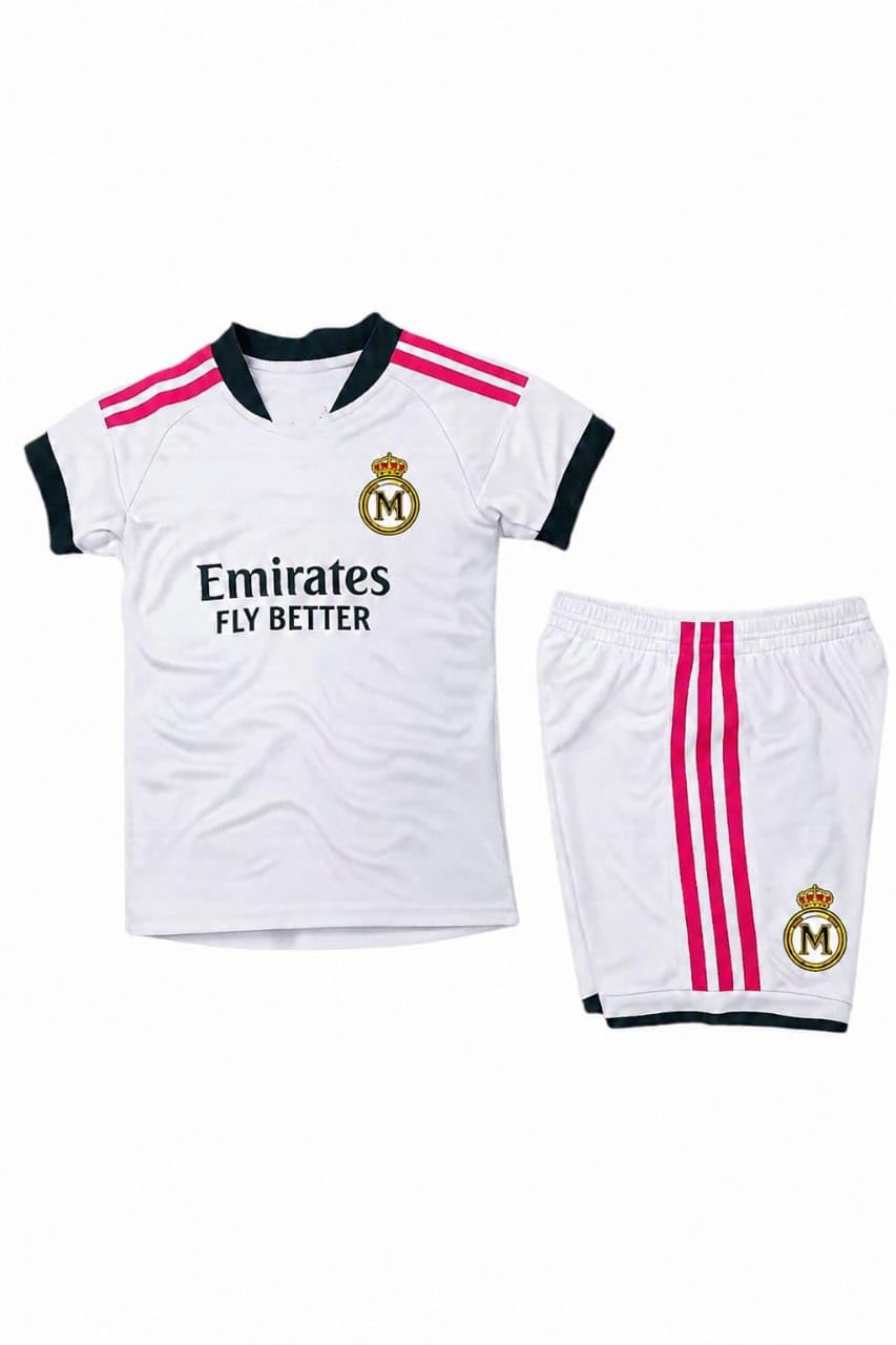 Madrid 2027 Season Boys Soccer Ball Set - High Quality Version T-Shirt + Shorts White & Pink Stripes