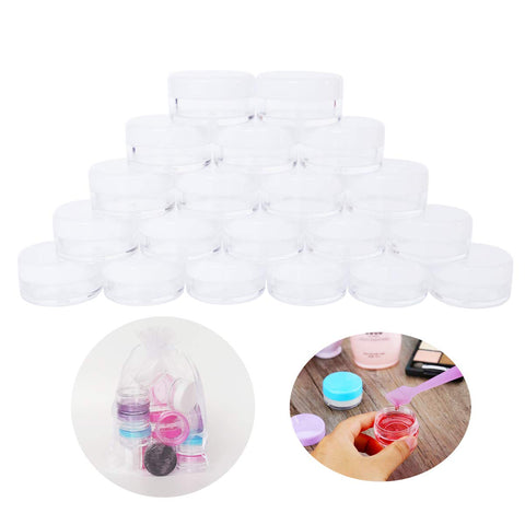 GreatforU 20pcs 5g Empty Plastic Cosmetic Sample Containers for Make-up Eye Shadow Nails Powder Gems Beads Jewelry Cream, Small 5ml Clear ROUND Pot Jars with WHITE Lid, Extra 20x Dispensing Spatulas