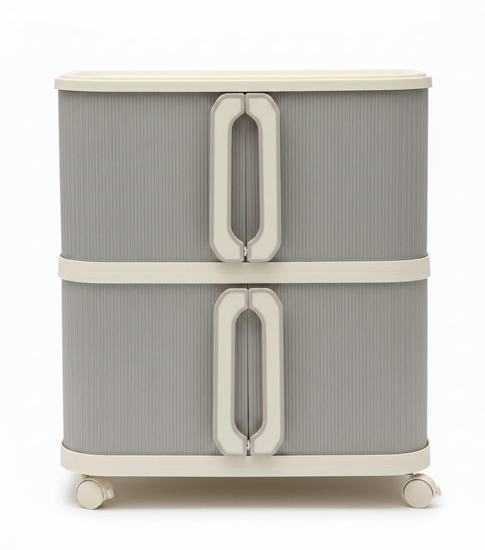 2-Tier Rolling Storage Organizer with Wheels, Modern Ribbed Transparent Storage Bins with Lids, Multi-Purpose Plastic Storage Cabinet for Kitchen, Bathroom, Bedroom, and Office. (Cream White, Small)