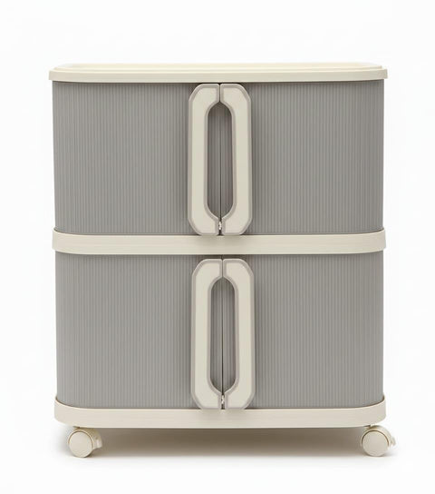 2-Tier Rolling Storage Organizer with Wheels, Modern Ribbed Transparent Storage Bins with Lids, Multi-Purpose Plastic Storage Cabinet for Kitchen, Bathroom, Bedroom, and Office. (Cream White, Small)