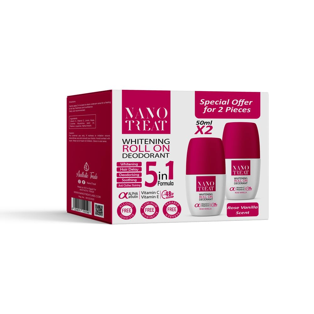 NanoTreat Deodorant - Free Aluminum & Parabens - 5 in 1 Formula -Long Lasting Odor Protection - 24h - (Rose Vanilla)