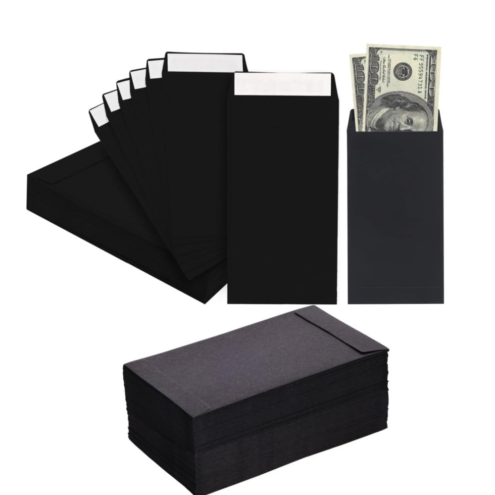 60 Pack Cash Envelopes for Budgeting,3.5 * 6.4Inch Self-Adhesive Money Envelopes for Cash or Coins,Organization Envelopes for Checks, Jewelry, and Small Items(Black)