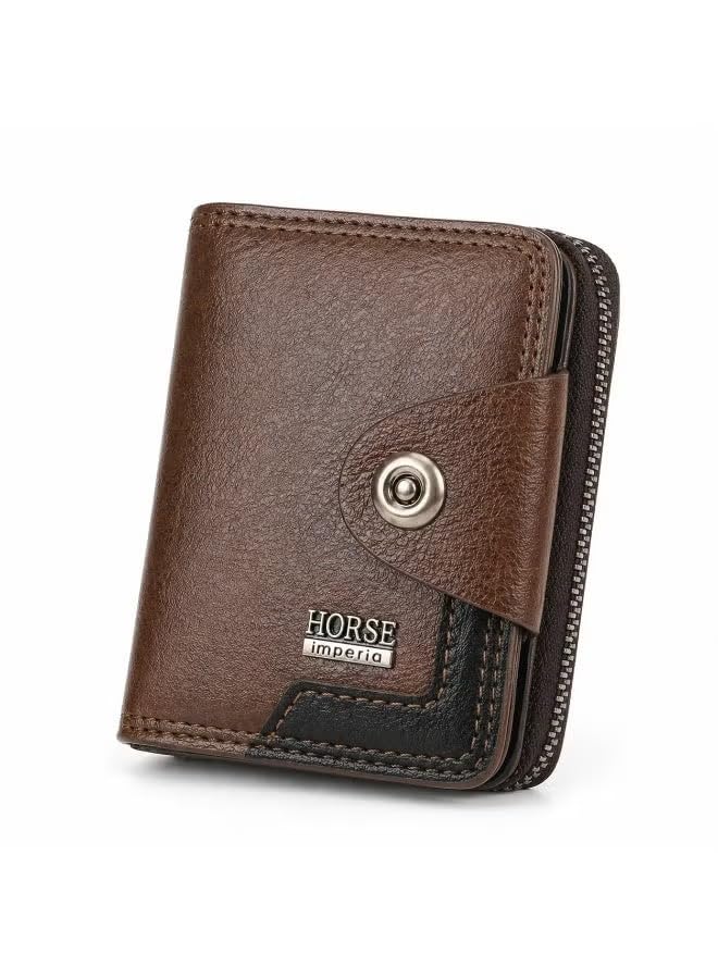 Mens Leather Wallet Three Different Colors Zipper Button Multi Pocket Card Holder Wallet (Dark Brown)