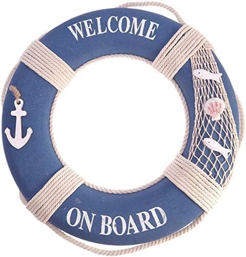 Welcome on Board Life Ring Wall Decor, 50 cm Nautical Foam Lifebuoy, Navy Blue and White
