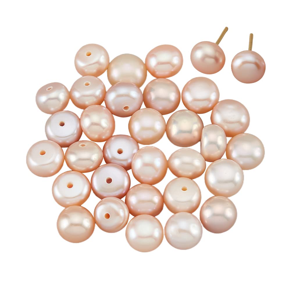 JAZZEEL Freshwater Pearl Beads - 30-Piece Set of 6.5-7mm Half Drilled Pink Button Pearls, Grade AA Natural Cultured Pearl Charms for DIY Earrings, Pendants, and High-End Jewelry Making