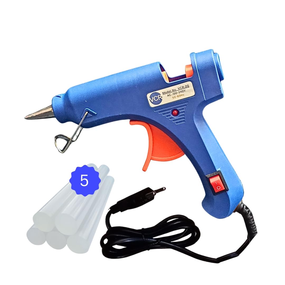 VCR 20W Hot Melt Glue Gun for Crafting & DIY Purpose - 20 Watts - ON/Off Switch for Precise Glue Output - Easy To Use Blue Glue Gun + 5 Transparent - 7mm Glue Sticks - VCR 20 Mini