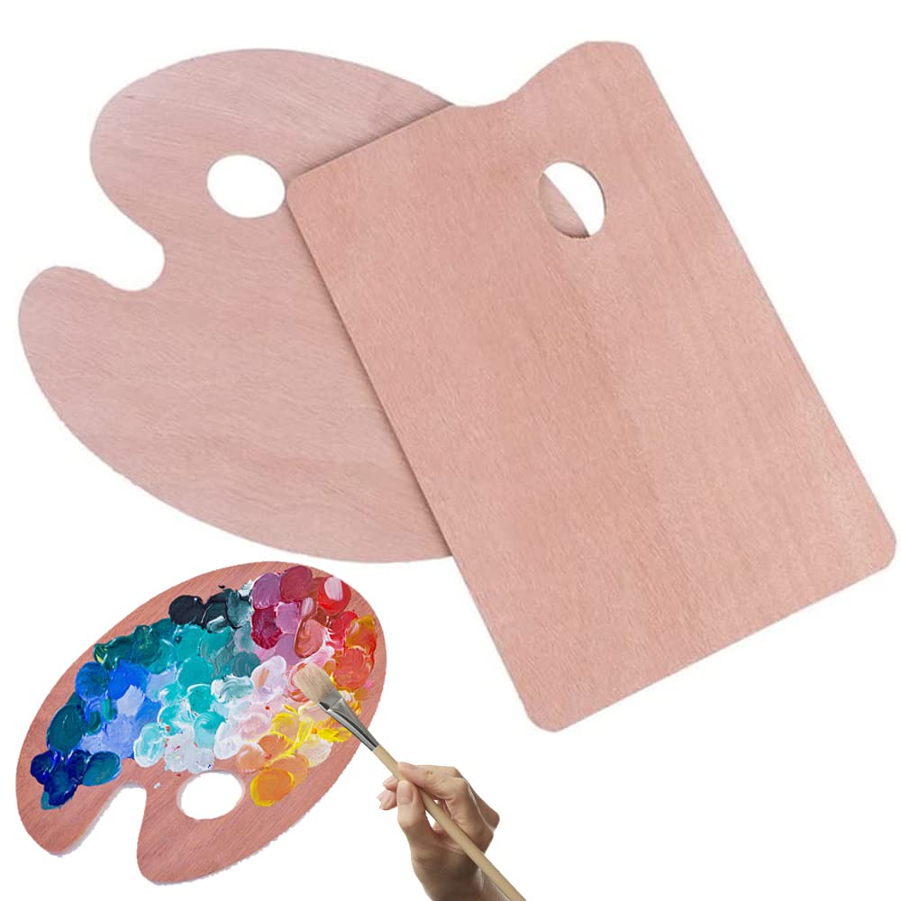 2 Pcs Wooden Paint Palette, Oval & Rectangular, Thumb Hole, Lightweight, Smooth, Brown, 30*25cm & 30*24.5cm, For Adult & Kids, Oil & Watercolor Paintings