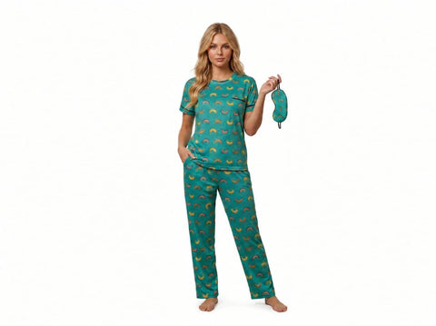 Women Summer 2 Piece Pajama Set (T-shirt and Pants) Soft Patterns Comfortable Everyday Wear with Stylish Sleep Glasses