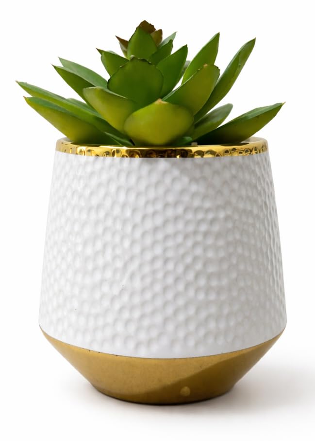 Artificial Plant in White and Gold Ceramic Pot, Elegant Modern Home Decor for Living Room Office Saloon, Premium Design (Golden White 1)