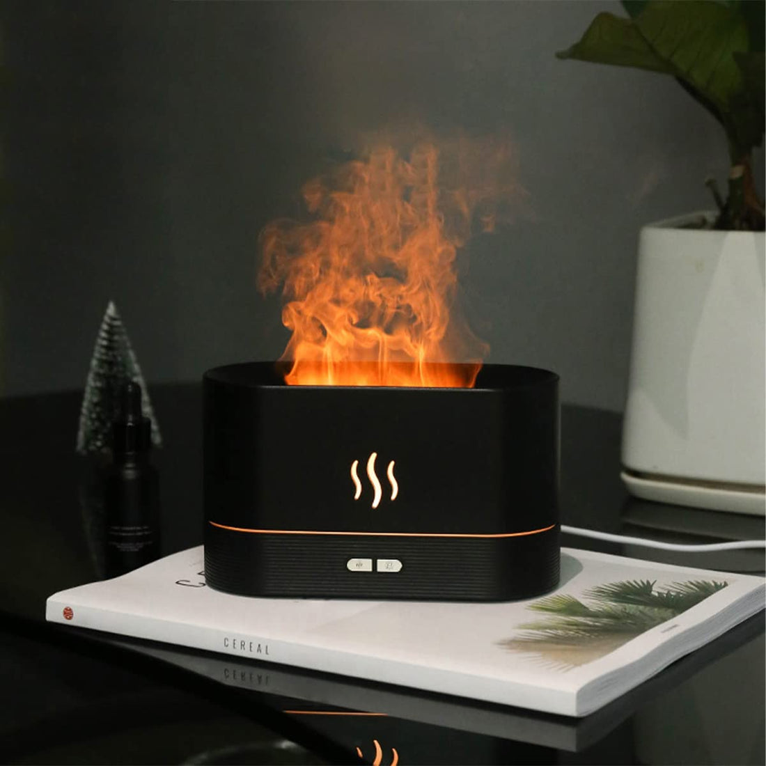 INGEQUIS Flame Shaped Night Lamp Diffuser, 2 Adjustable Brightness Modes, Silent Humidification 180 ml, Decorative Night Lamp (Black)
