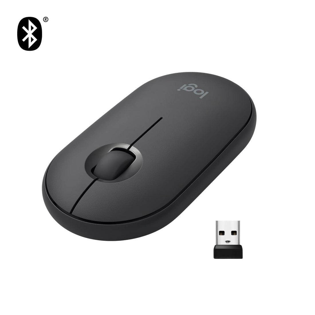 Logitech Pebble Wireless Mouse, Bluetooth or 2.4 GHz with USB Mini-Receiver, Silent, Slim Computer Mouse with Quiet Click for Laptop/Notebook/PC/Mac - Graphite/Black