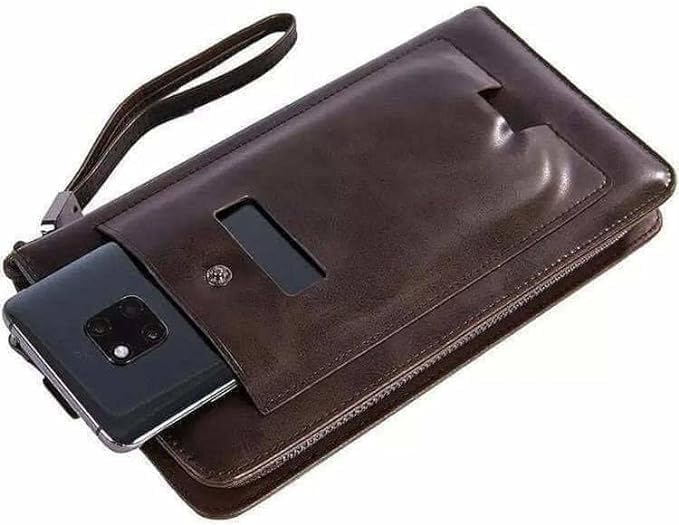 Men and Women Hand Wallet 2 External Zipper 14 Card Slots Inner Zipper Hand Holder (Brown)