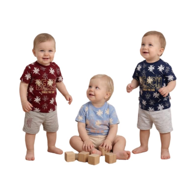Baby Boys'set Beach Palm Tree Print T-Shirt, Short Sleeve, Summer Tropical Theme