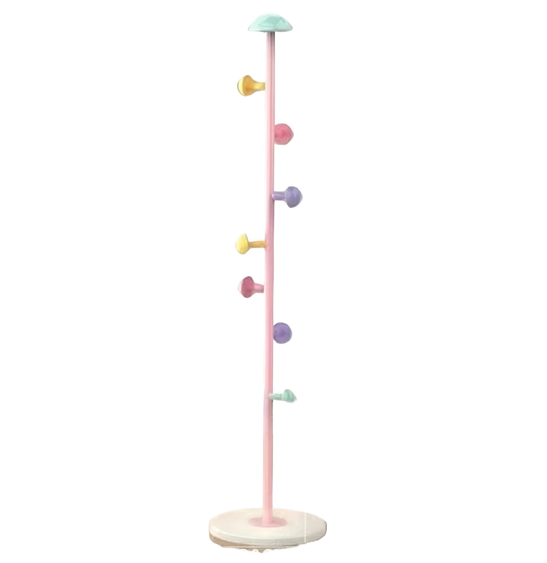 Mushroom Coat Stand - Stylish pink freestanding metal rack with 5 curved hooks, 167x30 cm, ideal for coats and bags, ultra-sturdy base for daily use in hallways.