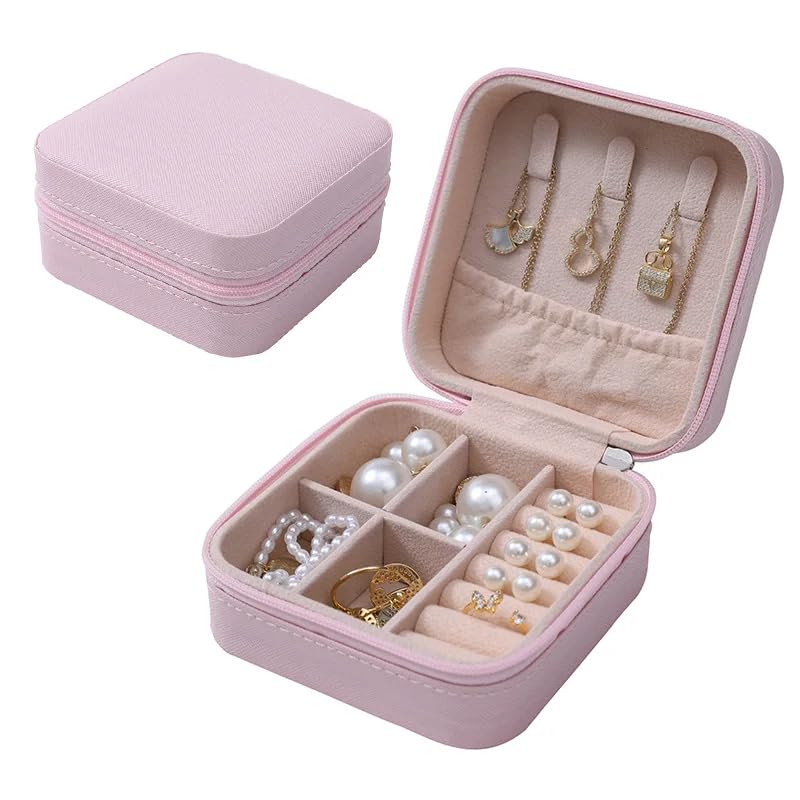 Next store Simple PU Leather Travel Jewelry Storage Box, Stylish Organizer for Earrings, Necklaces, Rings, Compact Design for Girls Travel and Daily Use (Pink)