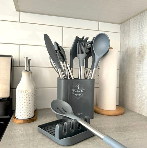 Silicone Kitchen Utensil Set with Stainless Steel Handles, 14 Pieces, Gray, Jumbo Size, Heat-Resistant, with Holder and Cutlery Stand, .ar
