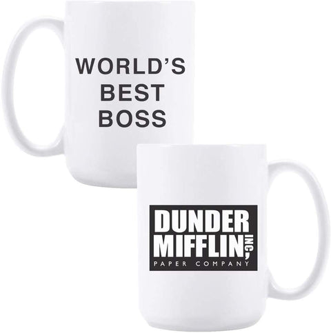 Pousutong Coffee Mug With Dunder Mifflin,The -World?s Best Boss-15 oz Funny Ceramic Coffee/Tea/Cocoa Mug-Unique Coffee Cup&Present Idea for Male/Female/Bosses/Coworkers