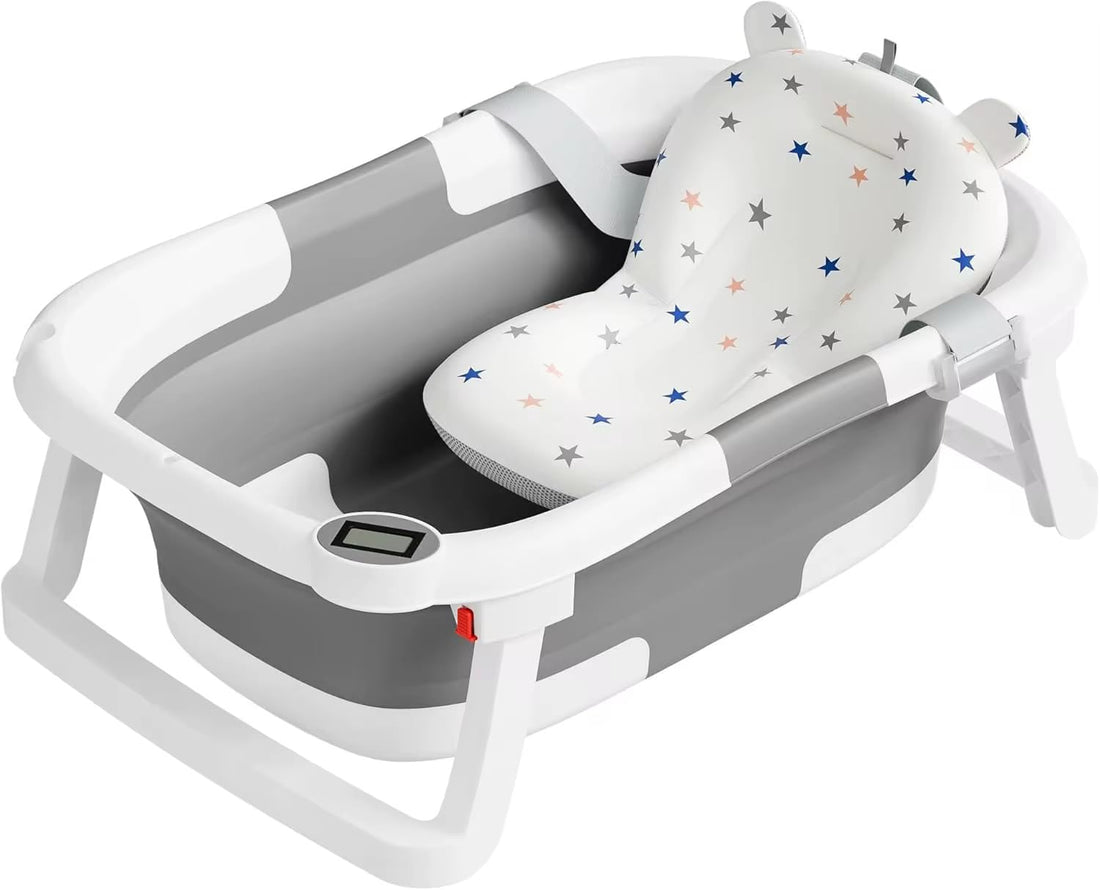 Foldable Baby Bath Tub with Built-in Thermometer + Sling for Newborn, Space Saving and Anti-Slip Design, Suitable from 0 to 24 Months - Grey