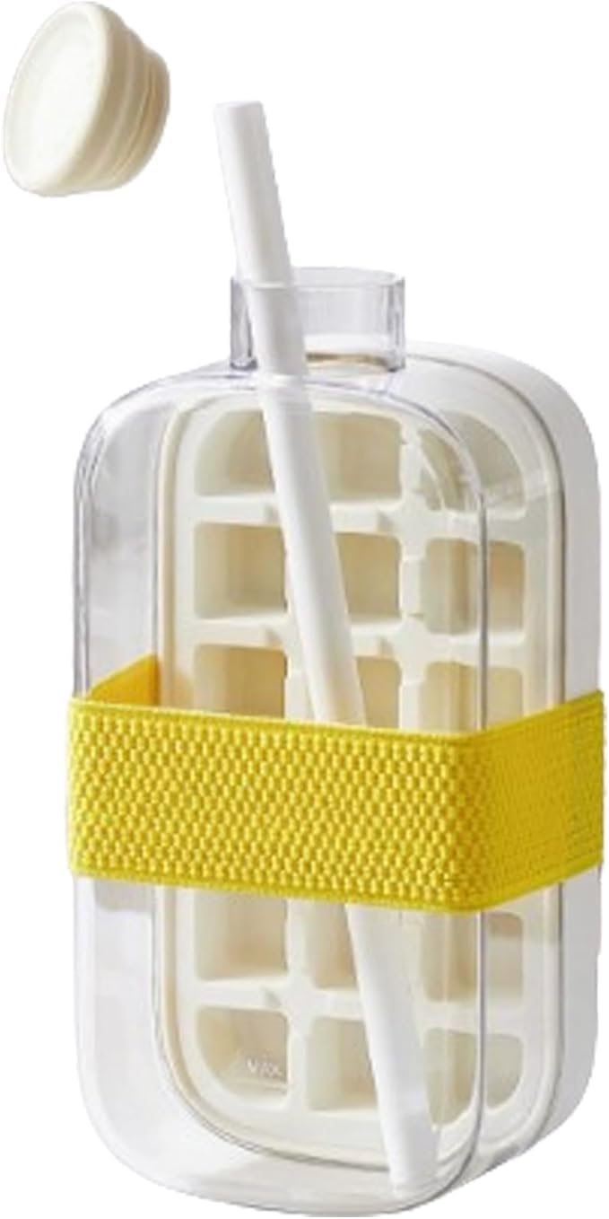Ice Cube Bottle 800ml, 2 in 1, Touch-Free Ice Cube Tray Water Bottle with Lid and Bin, Flexible Silicone Ice Cube Molds with Straw, Reusable for Coffee, Juice, And Beverages (white)