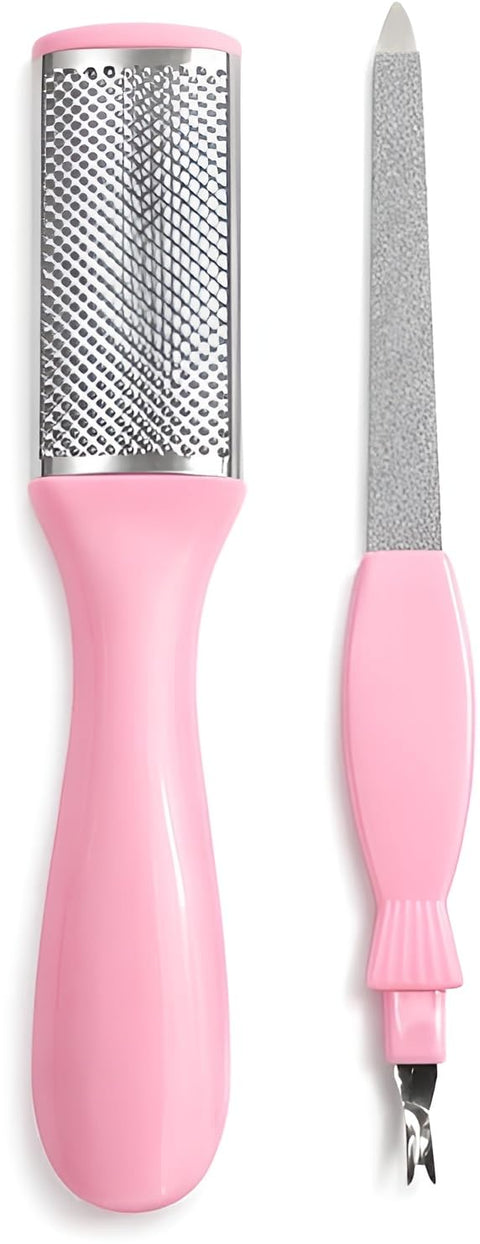 Stainless Steel Foot File Callus Remover with Nail File, Double-Sided Foot Rasp Scrubber for Dead Skin Removal, Pedicure Foot Scraper and Foot Sander Tool (Pink)
