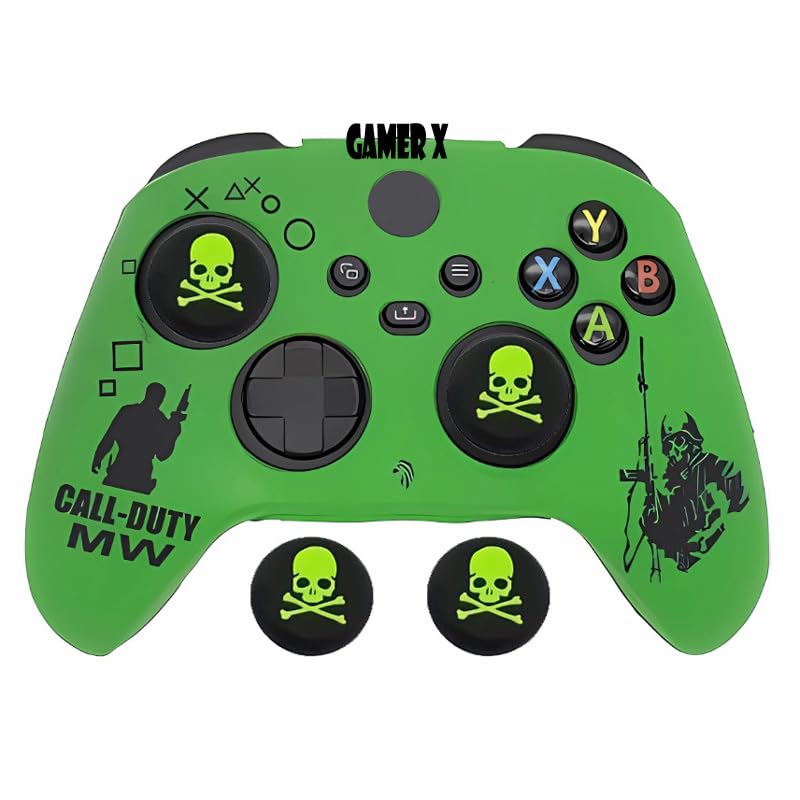 Gamer X – Military Style Green Camo Silicone Controller Cover with Green Skull Thumb Grips Set Compatible with Xbox Series X & S Controllers