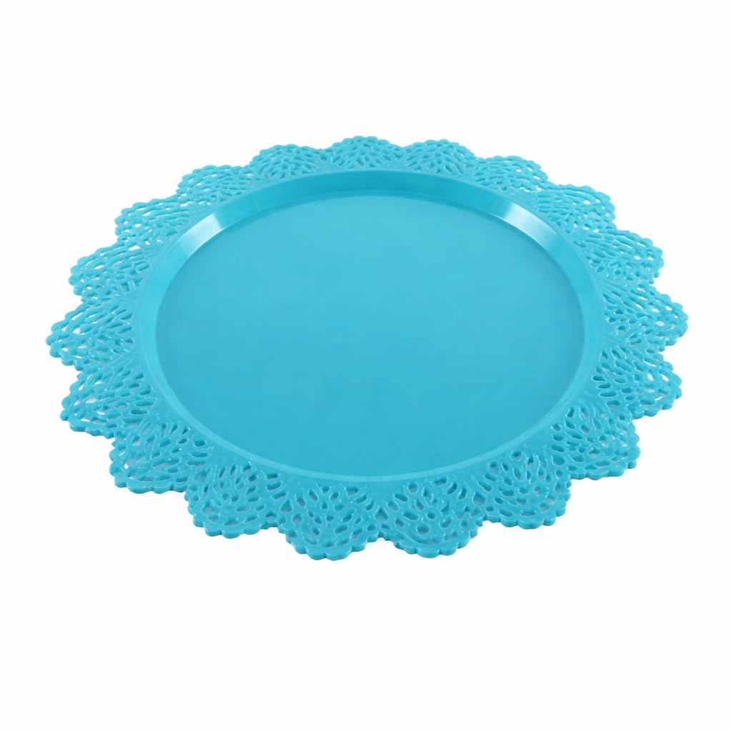 OVA Lace-Shaped Plastic Serving Tray – Elegant Round Decorative Tray for Snacks, Sweets, Fruits, Coffee & Desserts – Lightweight Durable Lace Design (Turquoise)