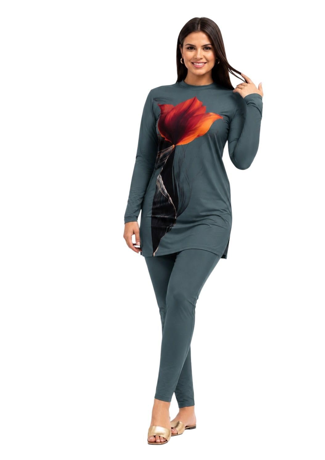 Modest Women Burkini Swimsuit, 3 Pieces (T-shirt+Pants+Bandana), Quick Dry Soft Stretch Fabric, Fashion Comfortable Swimsuit, Suitable for Beach, Basin, Summer Activities