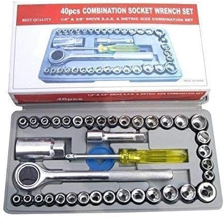 40-Piece Socket Wrench Set – 1/4" & 3/8" Drive Ratchet Handle with Metric & SAE Sockets – Professional Hand Tool Kit for Home, Car, and Workshop