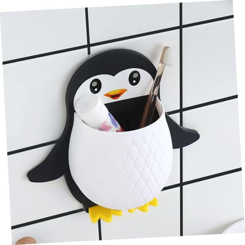 Plastic Penguin Shaped Toothbrush Holder for Toothpaste, Comb, Brush, Cream, Lotion, Kids Bathroom Cup, Waterproof, Self Adhesive (Set of 1, Multicolor)