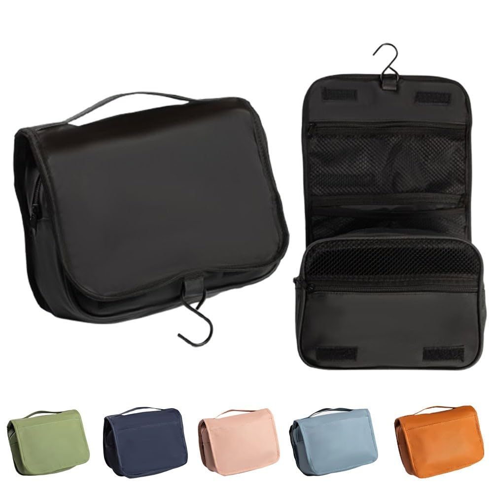 Hanging Toiletry Bag, Water-Resistant Travel Organiser with Mesh Compartments, Black (Black)