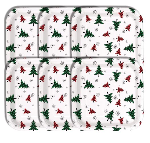 Christmas Paper Plates, Disposable Holiday Party Dinnerware with Red and Green Tree Pattern, Winter Festive Theme, 6 Count