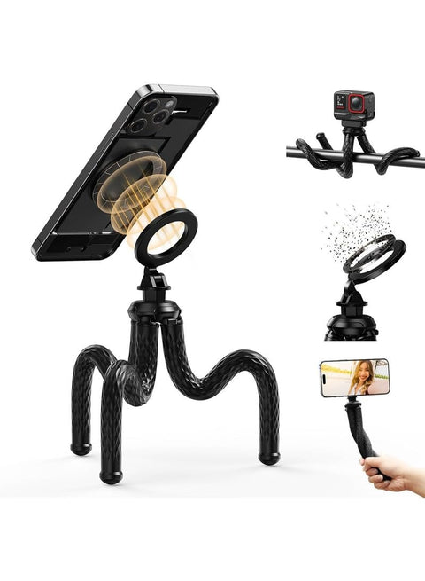 Magnetic Flexible Phone Tripod, Mini Tripod Stand for Magsafe Phones, Bendable Stroller Treadmill Tube Bike Motorcycle Phone Holder Selfie Stick for Video Recording for iPhone Android Phones