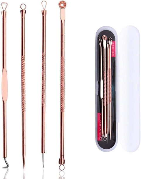 Blackhead Remover Needle Set, 4 Pieces, Rose Gold, Stainless Steel, with Storage Box