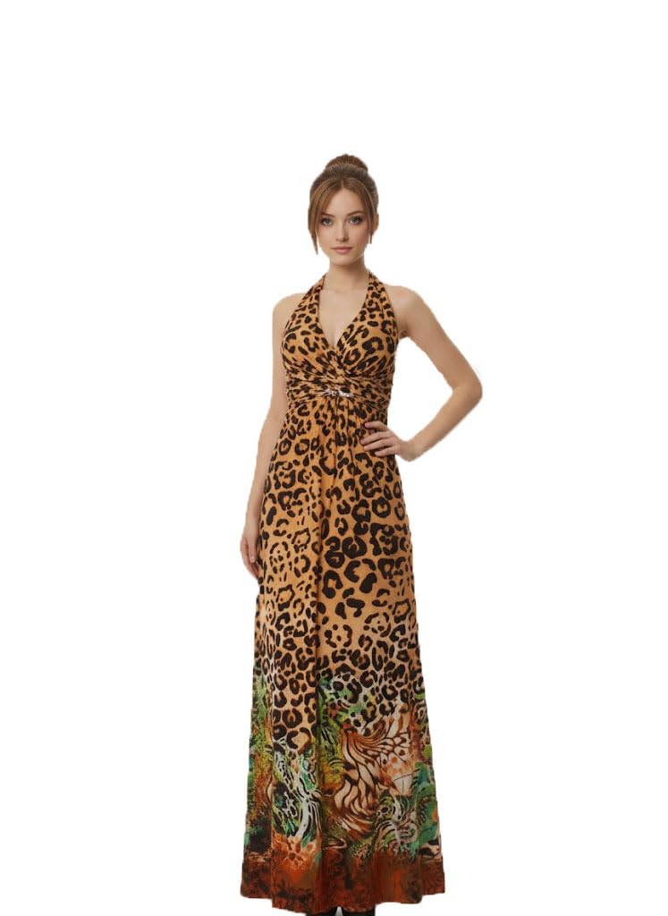 Women's Summer Leopard Print Halterneck Maxi Dress - Bohemian Long Sleeveless Ruched Crystal Embellished Beach Vacation Dress. (Thomas & Splendor)
