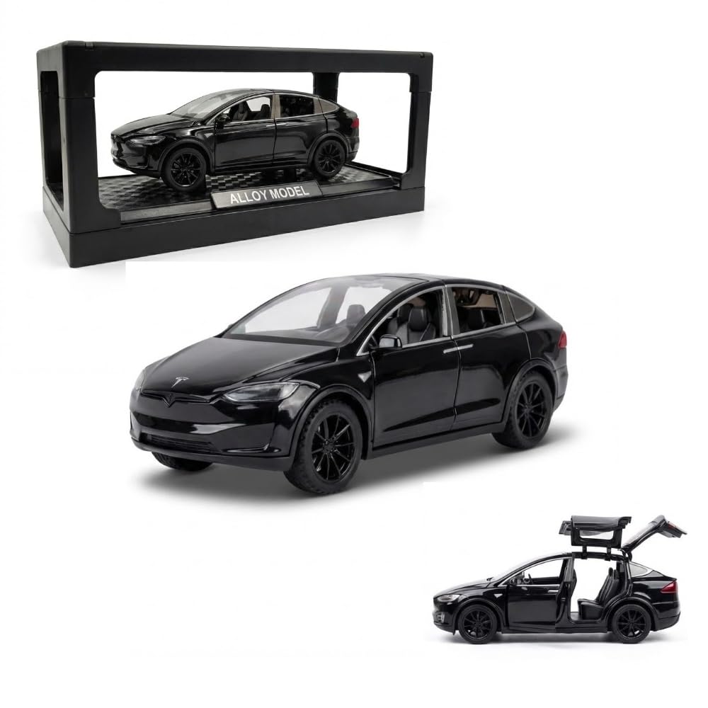 1:28 Scale Electric SUV Car Model Car with Open Up Rear Doors Special Display Base Light and Sound (Black)