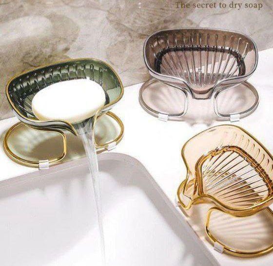 Premium Transparent Acrylic Soap Holder with Gold Metal Stand – Multi-Purpose Modern Bathroom and Kitchen Organizer with Water Drainage, Durable Stylish Soap Tray