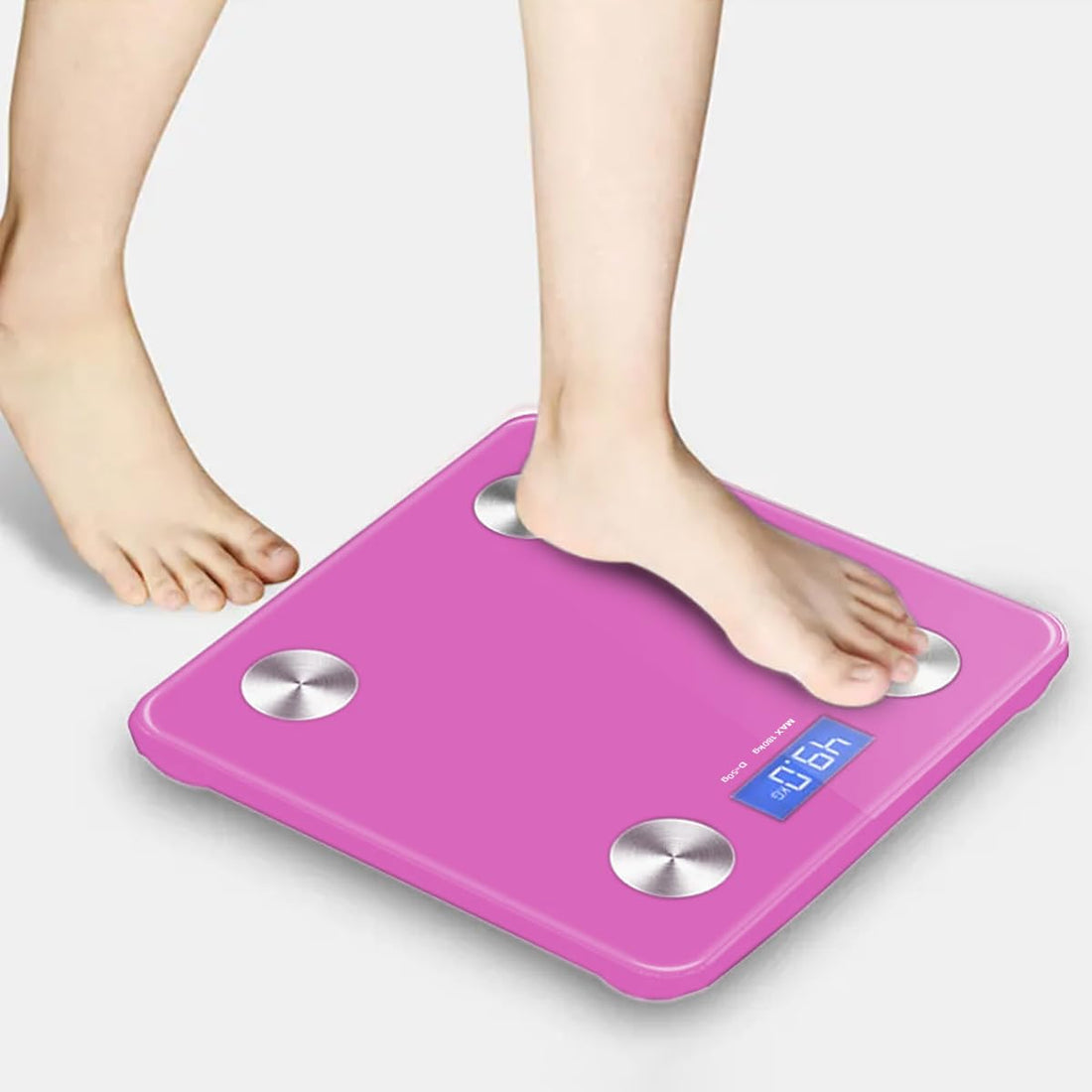 Bathroom Scale Smart Bluetooth Body Fat Digital Personal Weighing Scale 180 Kg Step-On Backlit Display Tempered Glass Auto Calibration (Pink)