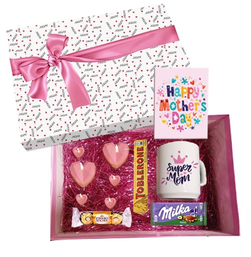 Happy Mother's Day Gift Hamper with Super Mom Mug, Toblerone, Ferrero Rocher, Milka, Heart Chocolates and Greeting Card