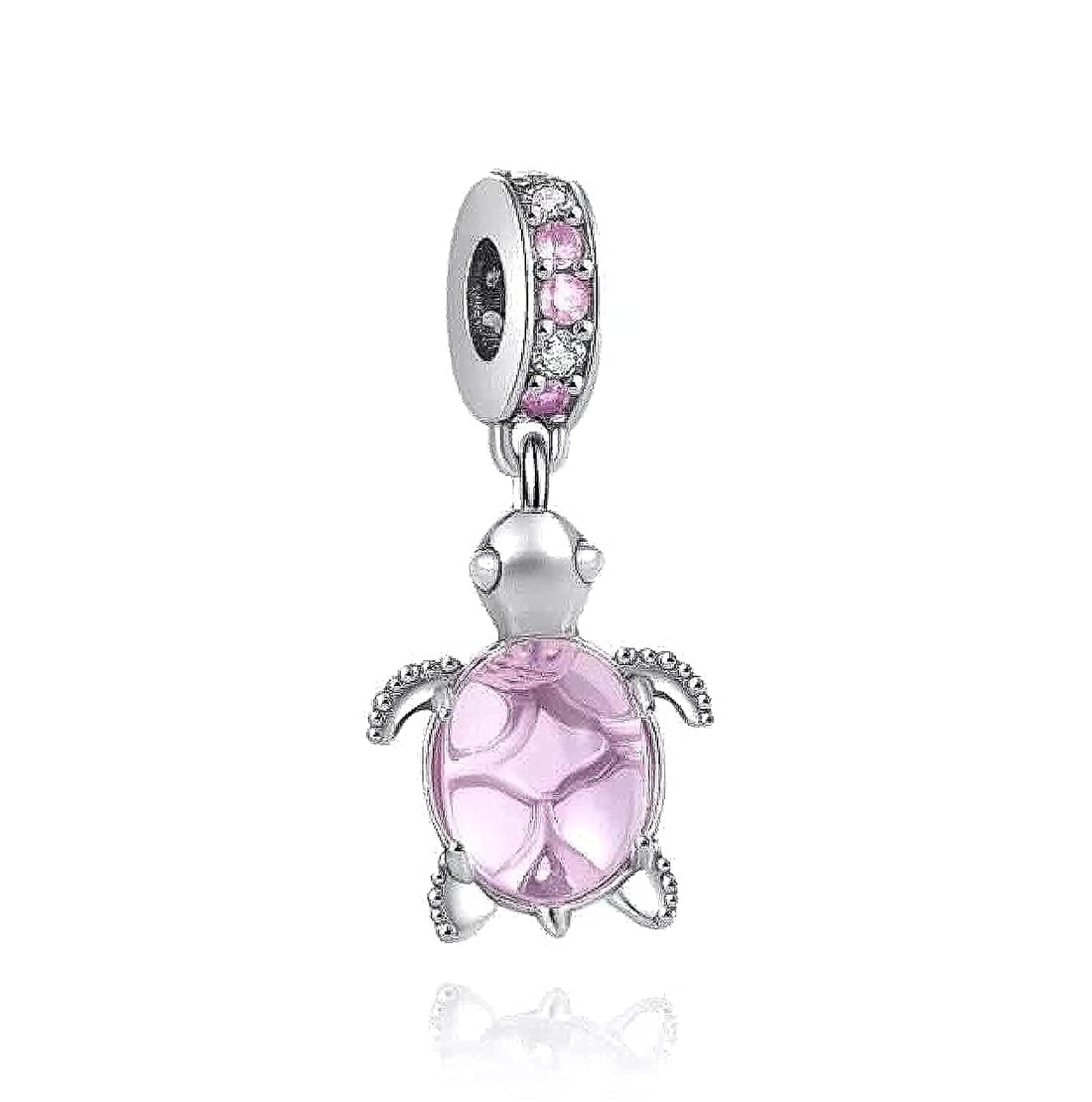 Elegant and Beautiful 925 Sterling Silver Rose Turtle Charm with Rose Crystal - Compatible with Pandora and Regular Bracelets and Necklaces - 3g