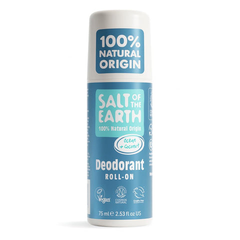 Salt Of the Earth Natural Deodorant Roll On, Ocean & Coconut - Vegan, Long Lasting Protection, Leaping Bunny Approved, Made in the UK, 75 ml