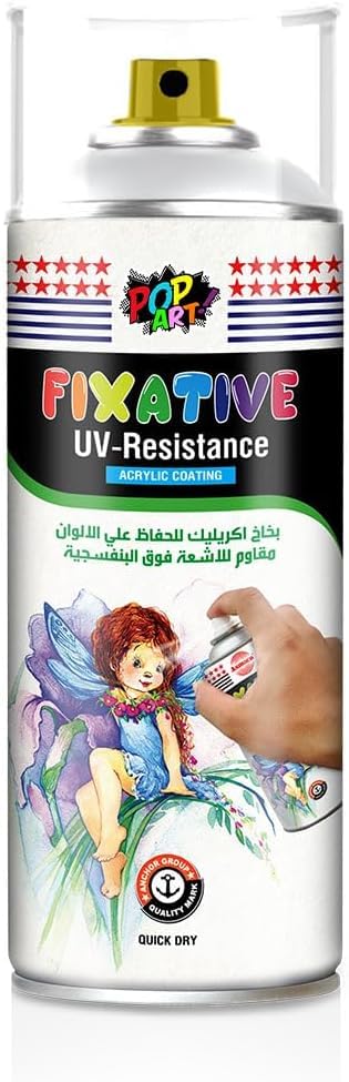 POP ART Fixative Spray UV Resistant Clear Gloss Sealant Varnish – Non-Yellowing - for Acrylic & Watercolor, Charcoal , Pastel - 180 ml ورنيش شفاف مثبت للألوان لامع أكريليك
