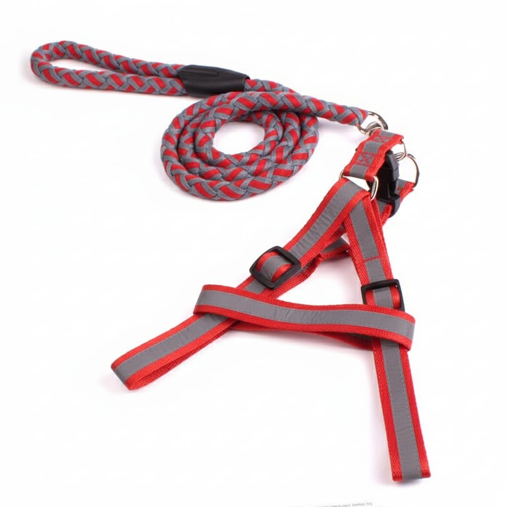 Reflective Braided Dog Leash Heavy Duty Rope Dog Lead with Padded Handle and Metal Clip (Red Gray, Large)
