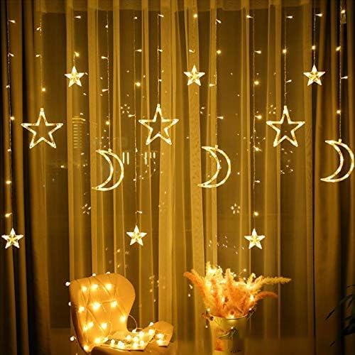 LED Christmas Lighting Window, 3.5/7 m Star Moon Light Curtain, Battery Operated, Star Curtain Fairy Lights Indoor, Fairy Lights Window Indoor for Decoration (Warm White, 1 Piece/3.5 m)