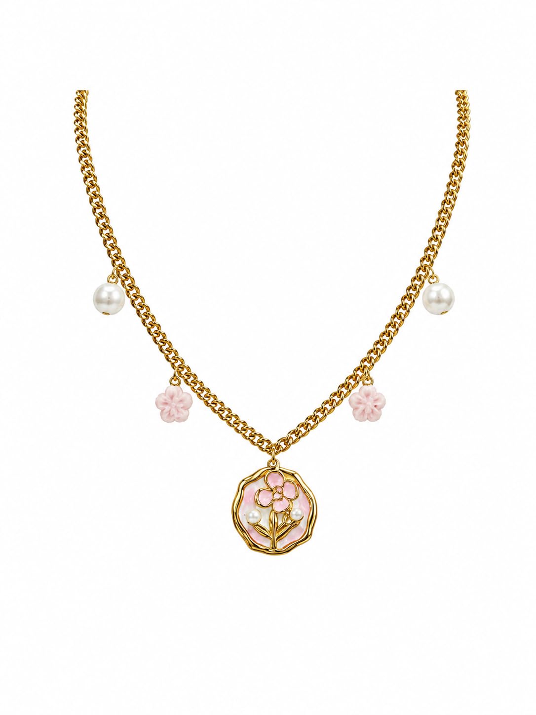 An elegant necklace with a delicate floral design, combining a lustrous gold chain with pearl pendants and delicate pink roses,