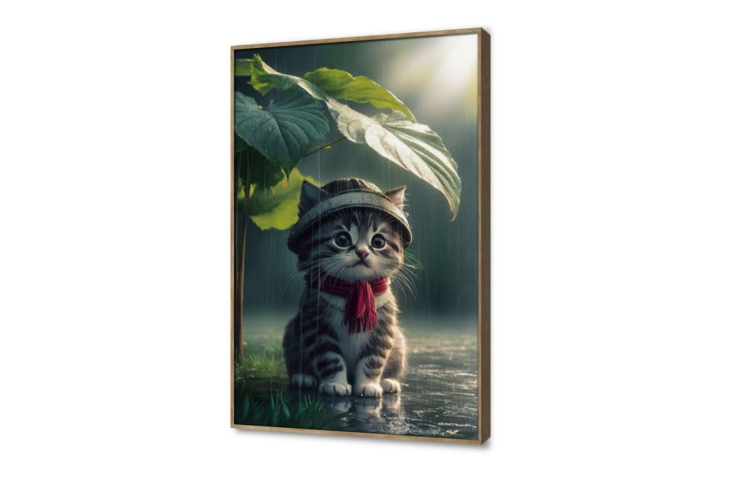 Sphere Art SAL2-M Beautiful Cat Wall Paintings Under Rain Size 40x60 cm (Print on Canvas – Modern Tableau)